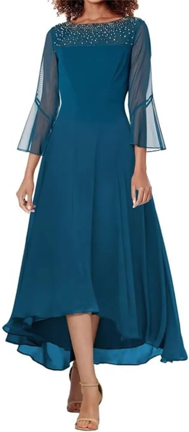 Chiffon Mother of The Bride Dresses 3/4 Sleeves Formal Dress for Women Beaded A line Prom Gown
