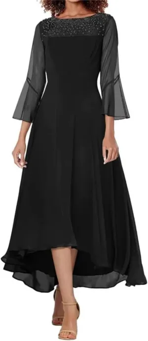Chiffon Mother of The Bride Dresses 3/4 Sleeves Formal Dress for Women Beaded A line Prom Gown