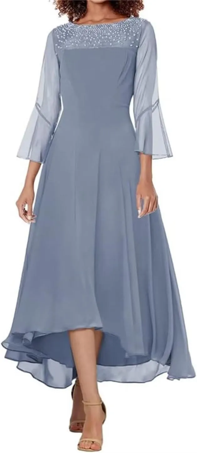 Chiffon Mother of The Bride Dresses 3/4 Sleeves Formal Dress for Women Beaded A line Prom Gown