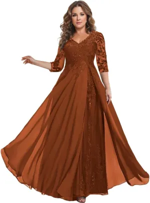 Chiffon Mother of The Bride Dresses for Wedding with 3/4 Sleeve A Line V Neck Long Lace Sequin Formal Evening Dress