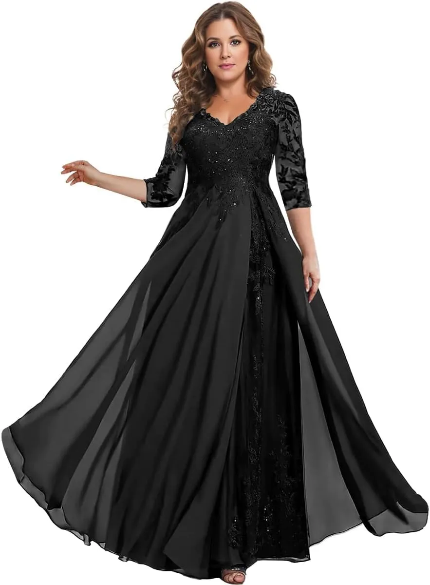 Chiffon Mother of The Bride Dresses for Wedding with 3/4 Sleeve A Line V Neck Long Lace Sequin Formal Evening Dress