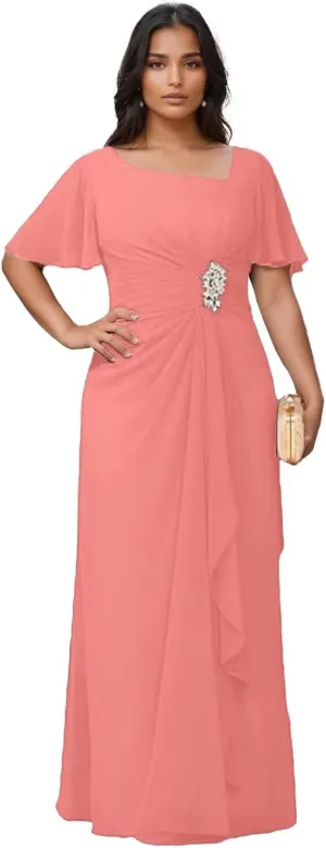 Chiffon Mother of The Bride Dresses for Women 2025 Ruffled Formal Evening Gowns with Pockets