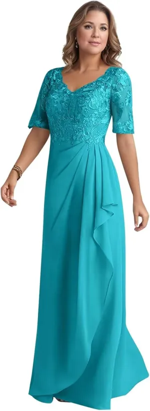 Chiffon Mother of The Bride Dresses for Women Lace Short Sleeve V-Neck Corset Formal Mother of The Groom Dress for Wedding