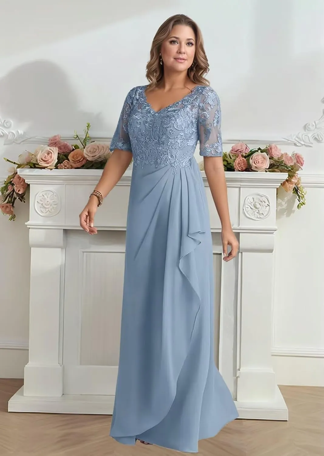Chiffon Mother of The Bride Dresses for Women Lace Short Sleeve V-Neck Corset Formal Mother of The Groom Dress for Wedding