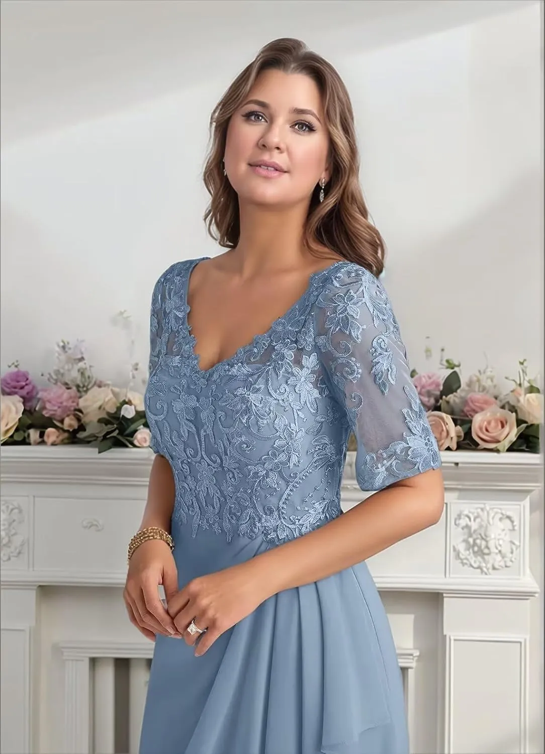 Chiffon Mother of The Bride Dresses for Women Lace Short Sleeve V-Neck Corset Formal Mother of The Groom Dress for Wedding