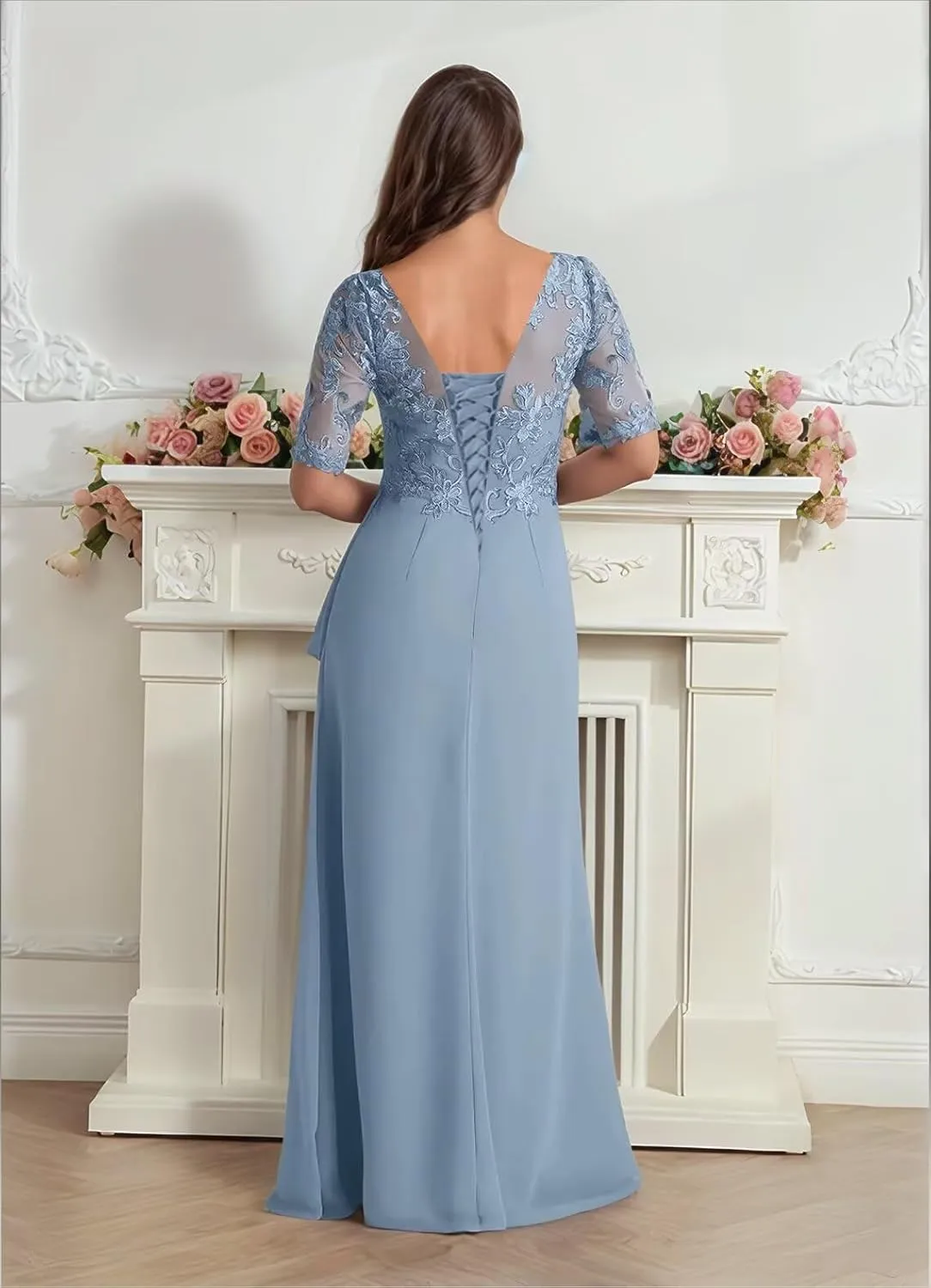 Chiffon Mother of The Bride Dresses for Women Lace Short Sleeve V-Neck Corset Formal Mother of The Groom Dress for Wedding
