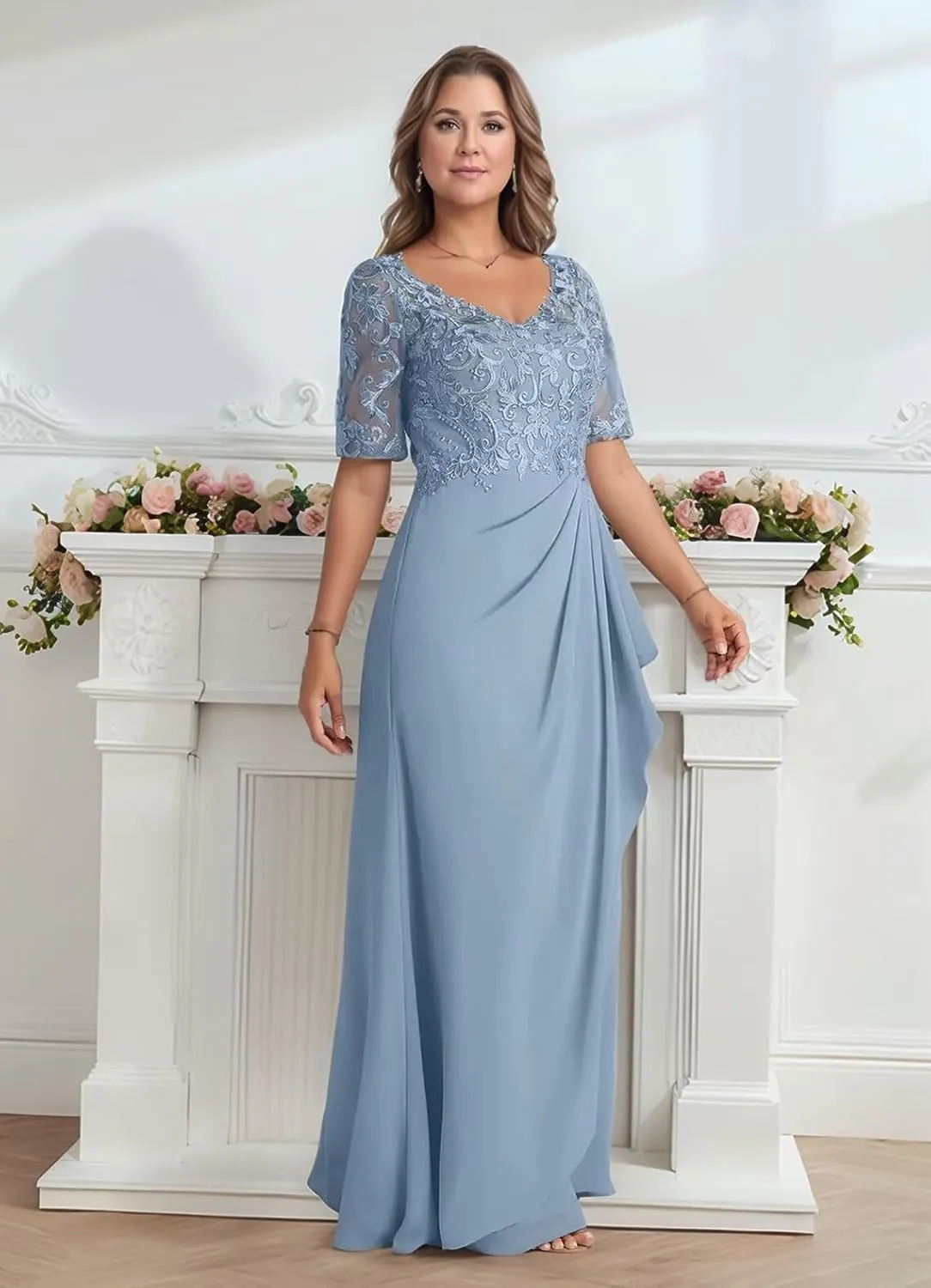 Chiffon Mother of The Bride Dresses for Women Lace Short Sleeve V-Neck Corset Formal Mother of The Groom Dress for Wedding