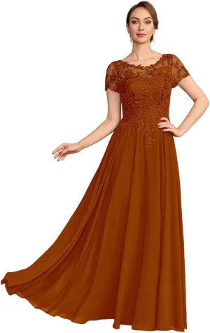 Chiffon Mother of The Bride Dresses Long for Women Short Sleeve Lace Appliques Formal Dresses with Pocket HO056