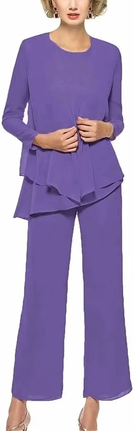 Chiffon Mother of The Bride Pant Suits for Women 3Pcs Wedding Pants Suits for Women Dressy Elegant