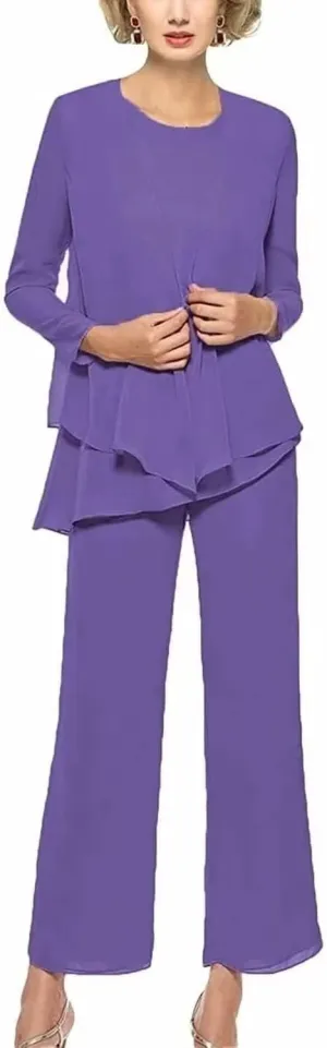 Chiffon Mother of The Bride Pant Suits for Women 3Pcs Wedding Pants Suits for Women Dressy Elegant