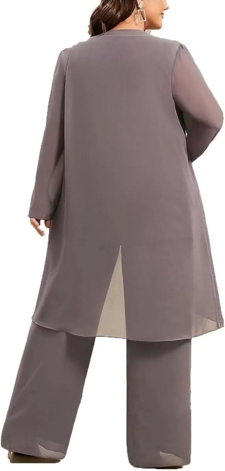 Chiffon Mother of The Bride Pant Suits Plus Size Women Wedding Formal Outfit Set Evening Gown