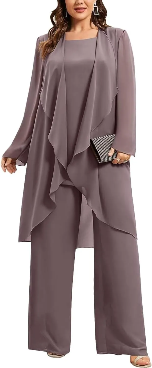 Chiffon Mother of The Bride Pant Suits Plus Size Women Wedding Formal Outfit Set Evening Gown