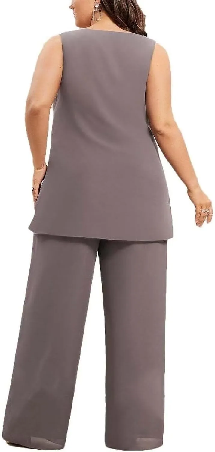 Chiffon Mother of The Bride Pant Suits Plus Size Women Wedding Formal Outfit Set Evening Gown