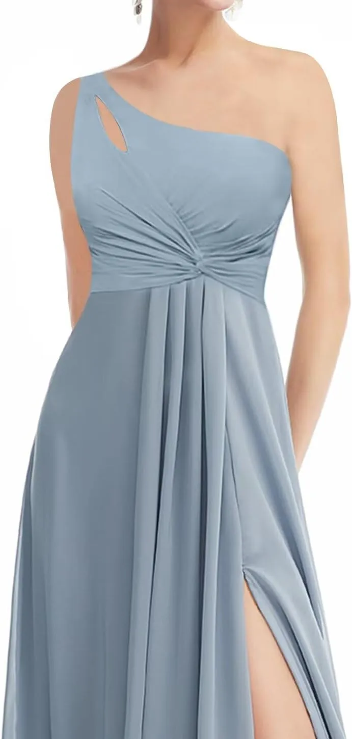 Chiffon One Shoulder Bridesmaid Dresses with Slit Long Ruched A Line Formal Evening Dress with Pockets IMC015