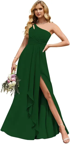 Chiffon One Shoulder Bridesmaid Dresses with Slit Long Ruched A Line Formal Evening Dress with Pockets IMC015