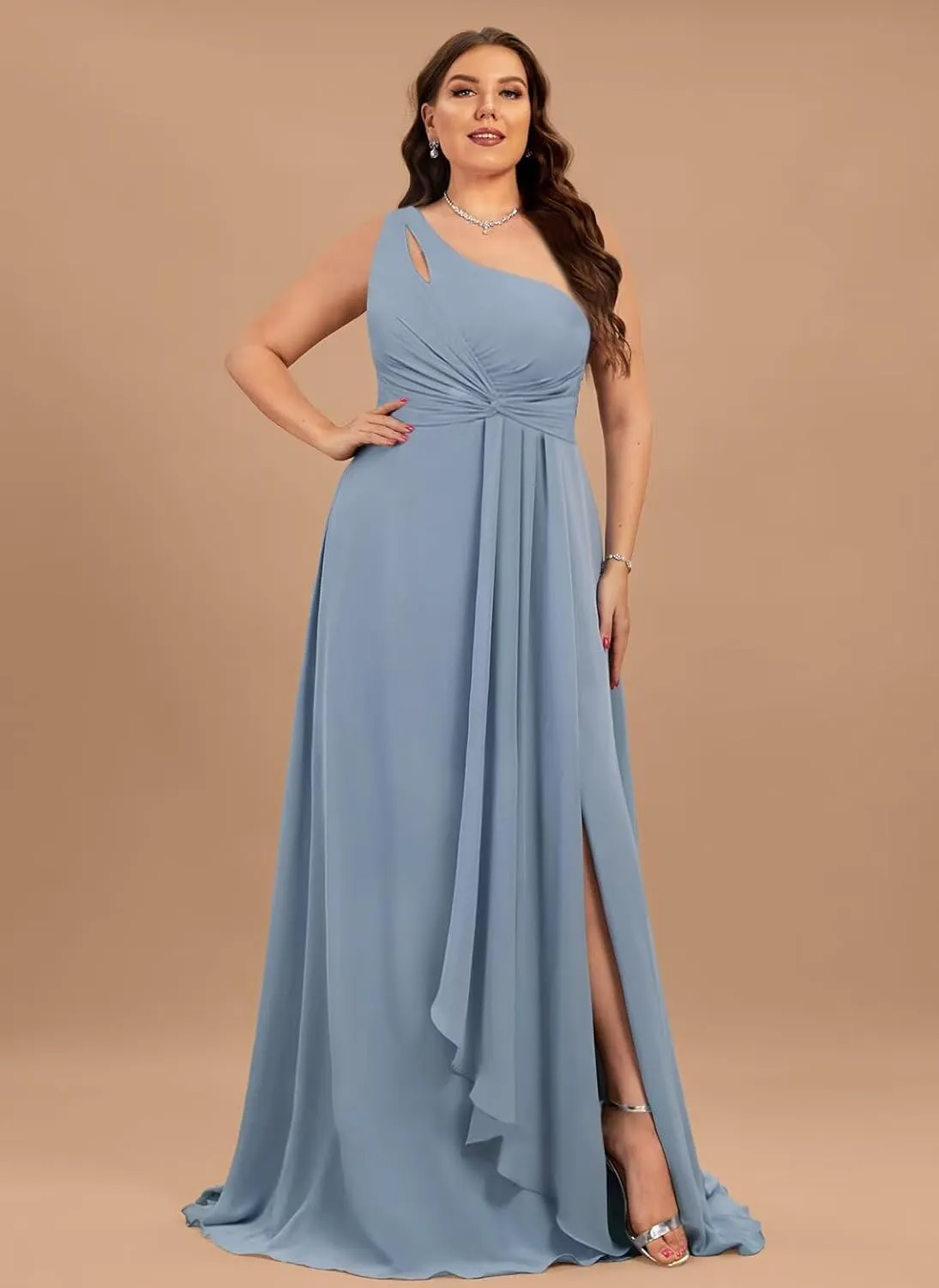 Chiffon One Shoulder Bridesmaid Dresses with Slit Long Ruched A Line Formal Evening Dress with Pockets IMC015