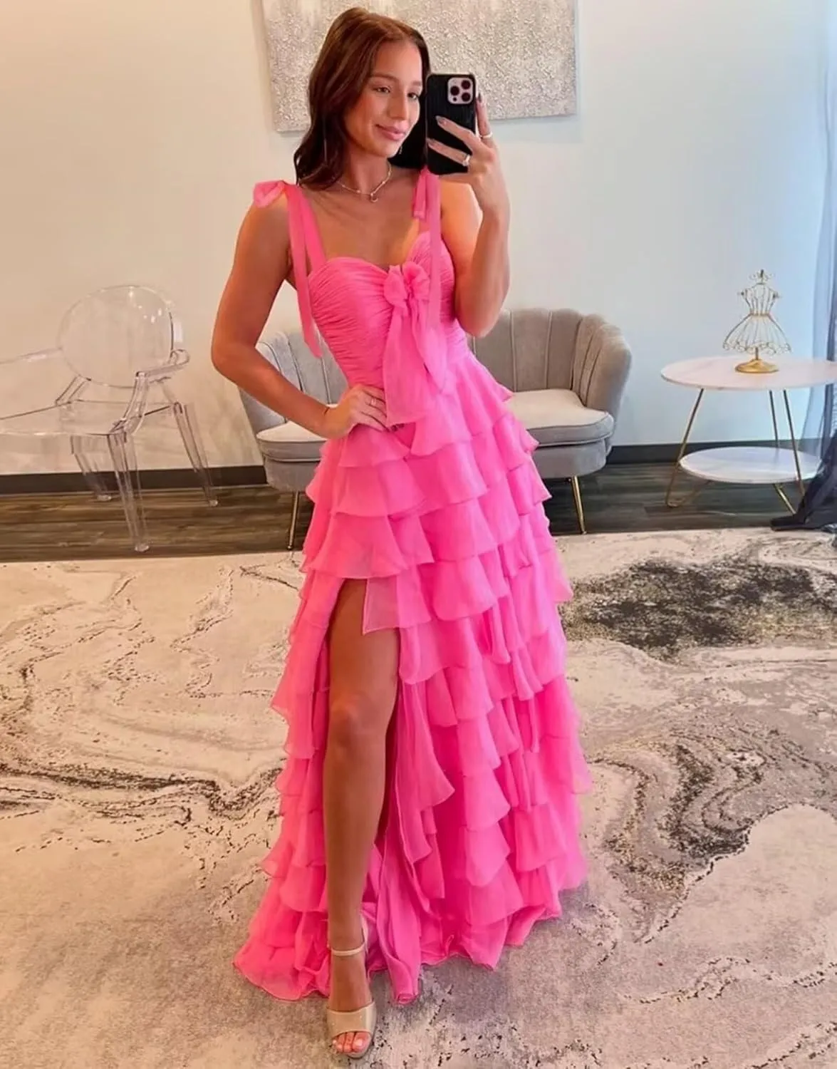 Chiffon Tiered Prom Dresses for Women 2025 with Bow Spaghetti Straps Long Ruffles Slit Formal Evening Dress