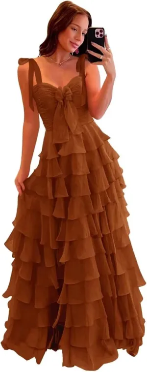 Chiffon Tiered Prom Dresses for Women 2025 with Bow Spaghetti Straps Long Ruffles Slit Formal Evening Dress