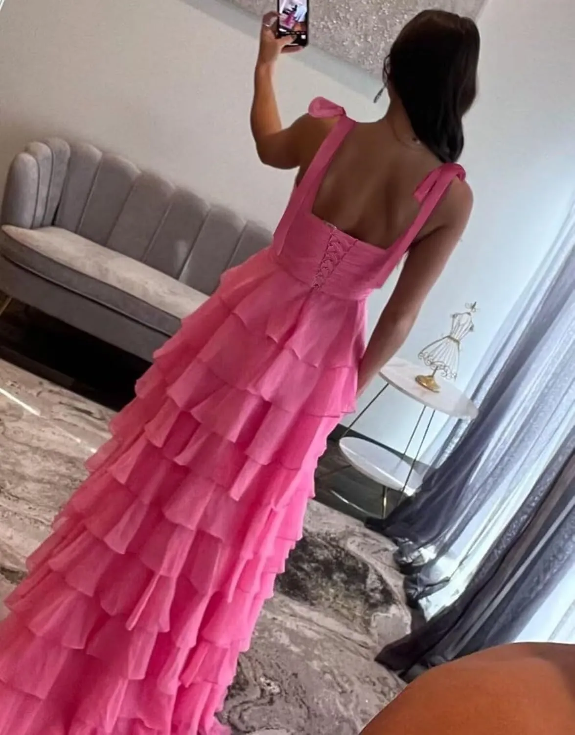 Chiffon Tiered Prom Dresses for Women 2025 with Bow Spaghetti Straps Long Ruffles Slit Formal Evening Dress