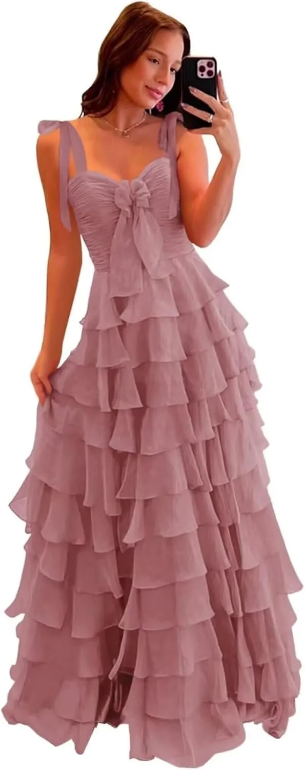 Chiffon Tiered Prom Dresses for Women 2025 with Bow Spaghetti Straps Long Ruffles Slit Formal Evening Dress