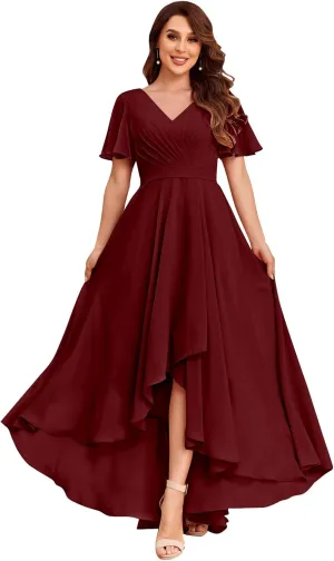 Chiffon V Neck Bridesmaid Dresses with Sleeves for Wedding High Low Formal Evening Gown with Pockets