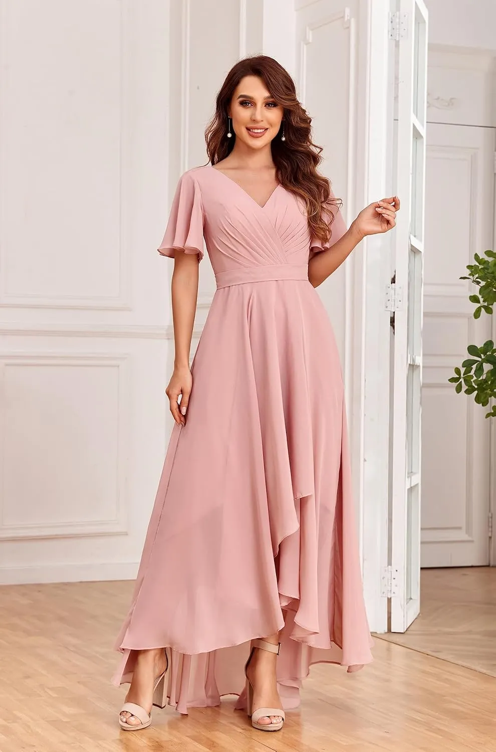Chiffon V Neck Bridesmaid Dresses with Sleeves for Wedding High Low Formal Evening Gown with Pockets