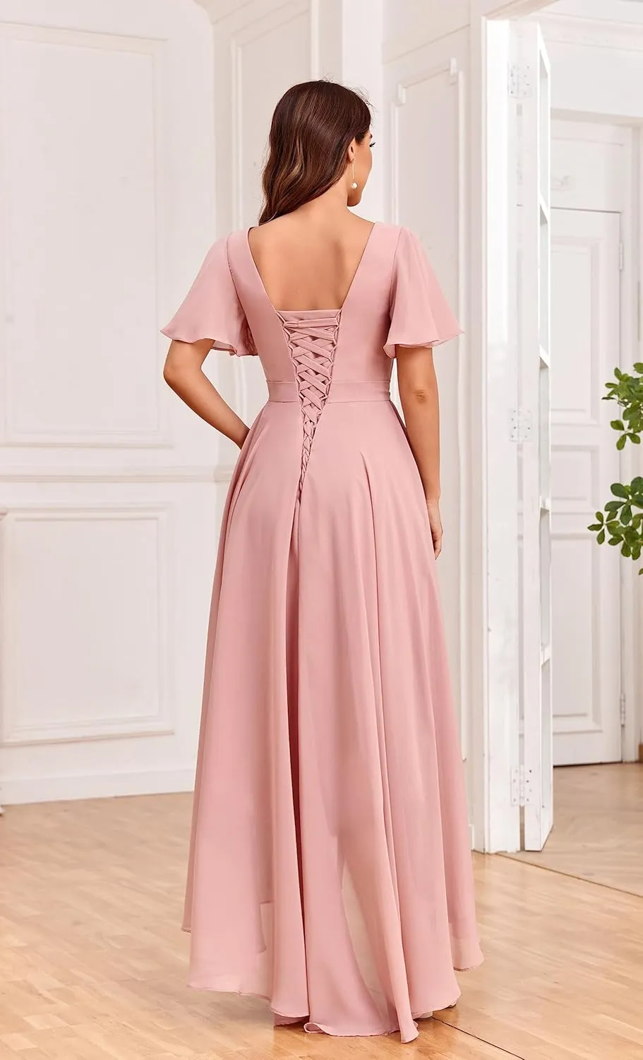 Chiffon V Neck Bridesmaid Dresses with Sleeves for Wedding High Low Formal Evening Gown with Pockets
