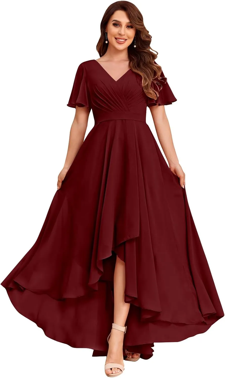 Chiffon V Neck Bridesmaid Dresses with Sleeves for Wedding High Low Formal Evening Gown with Pockets