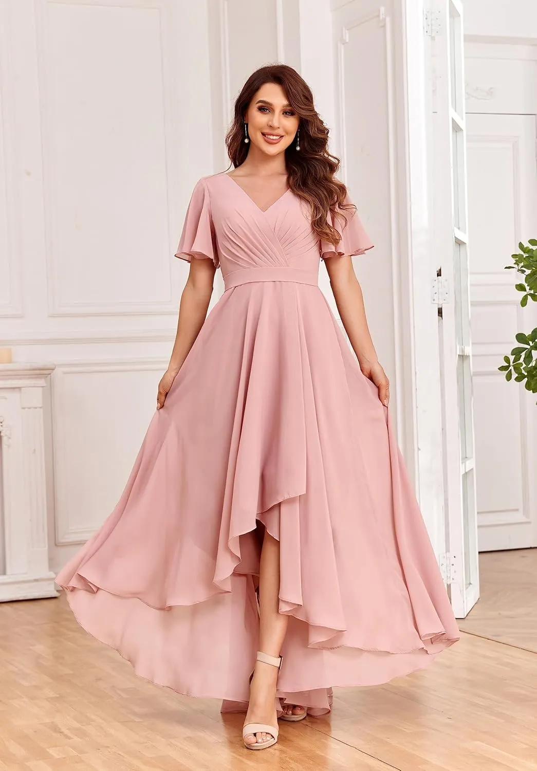 Chiffon V Neck Bridesmaid Dresses with Sleeves for Wedding High Low Formal Evening Gown with Pockets