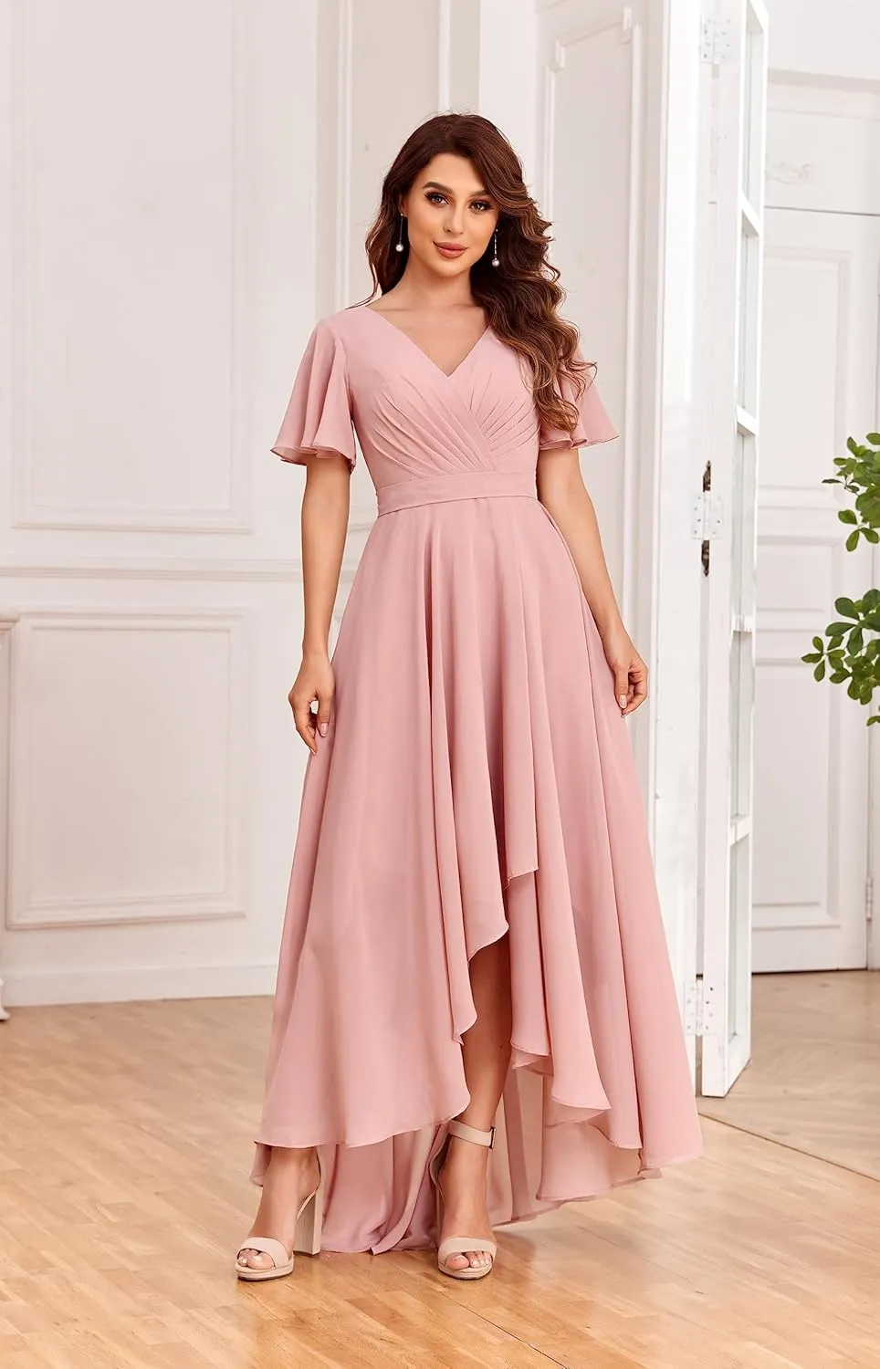 Chiffon V Neck Bridesmaid Dresses with Sleeves for Wedding High Low Formal Evening Gown with Pockets