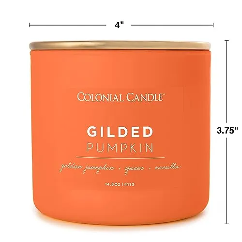 Colonial Candle Gilded Pumpkin Scented Jar Candle, Pop of Color Collection, 3 Wick, Orange, 14.5 oz - Up to 60 Hours Burn