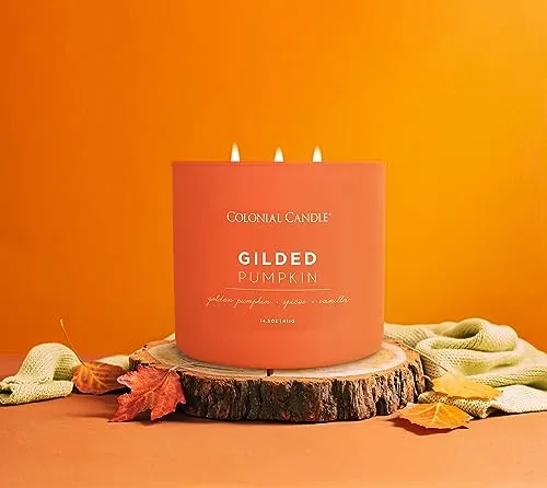 Colonial Candle Gilded Pumpkin Scented Jar Candle, Pop of Color Collection, 3 Wick, Orange, 14.5 oz - Up to 60 Hours Burn