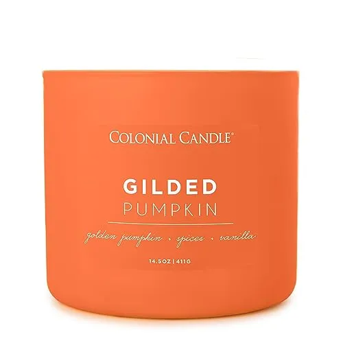 Colonial Candle Gilded Pumpkin Scented Jar Candle, Pop of Color Collection, 3 Wick, Orange, 14.5 oz - Up to 60 Hours Burn