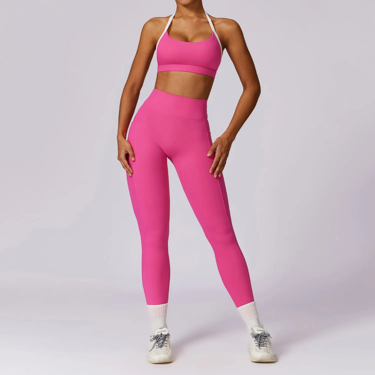 Color blocked back yoga suit set tight fitting sports and fitness suit for women