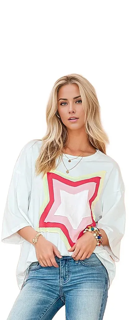 Colorblock Star Patched Half Sleeve Oversized Tee