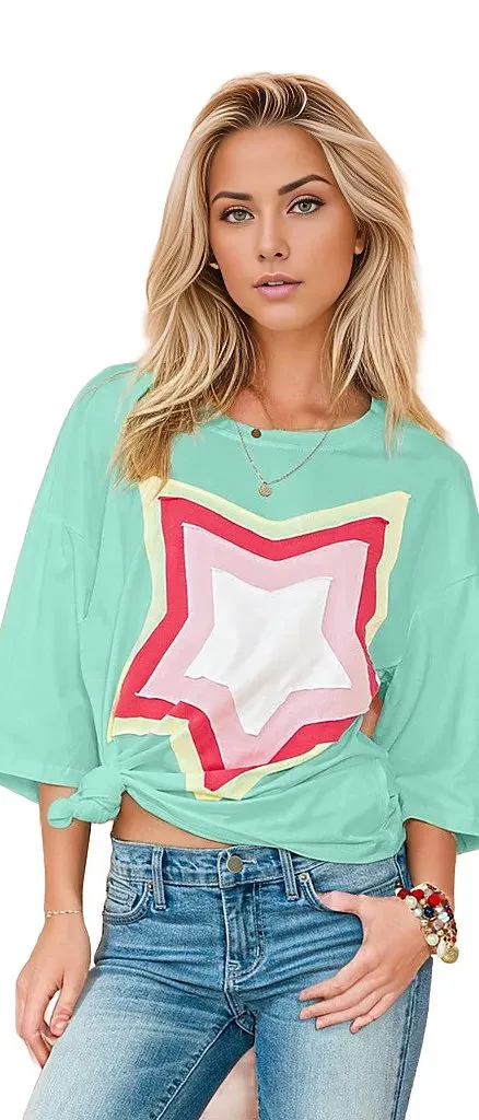 Colorblock Star Patched Half Sleeve Oversized Tee