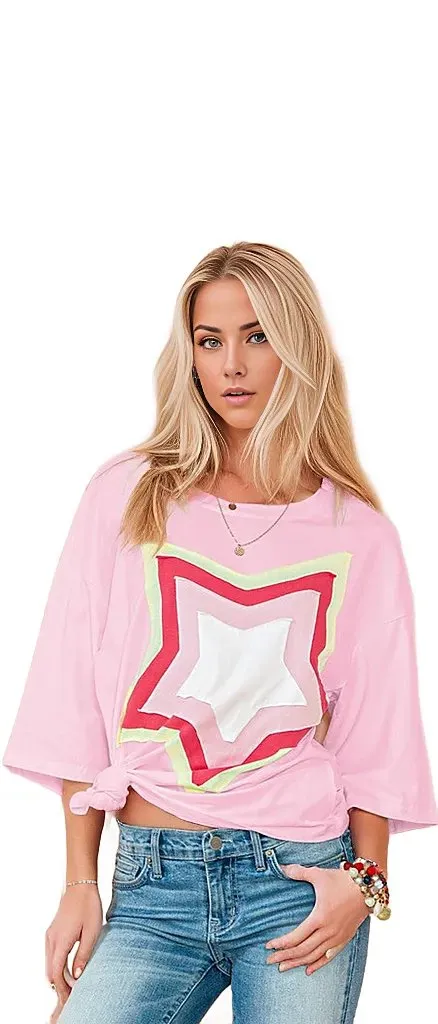 Colorblock Star Patched Half Sleeve Oversized Tee