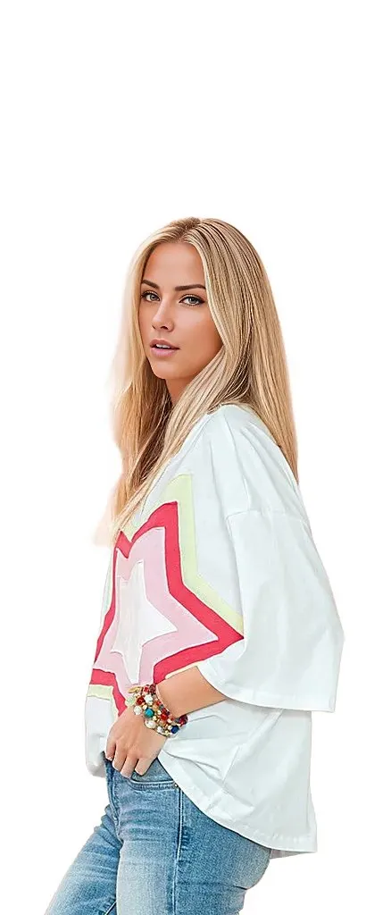 Colorblock Star Patched Half Sleeve Oversized Tee
