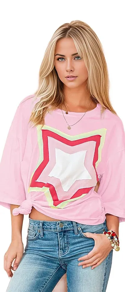 Colorblock Star Patched Half Sleeve Oversized Tee