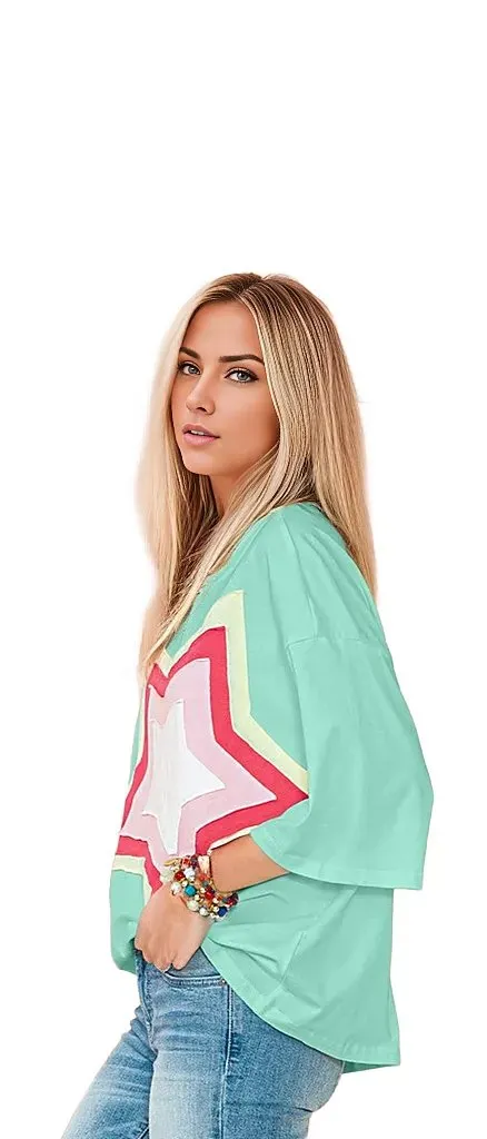 Colorblock Star Patched Half Sleeve Oversized Tee