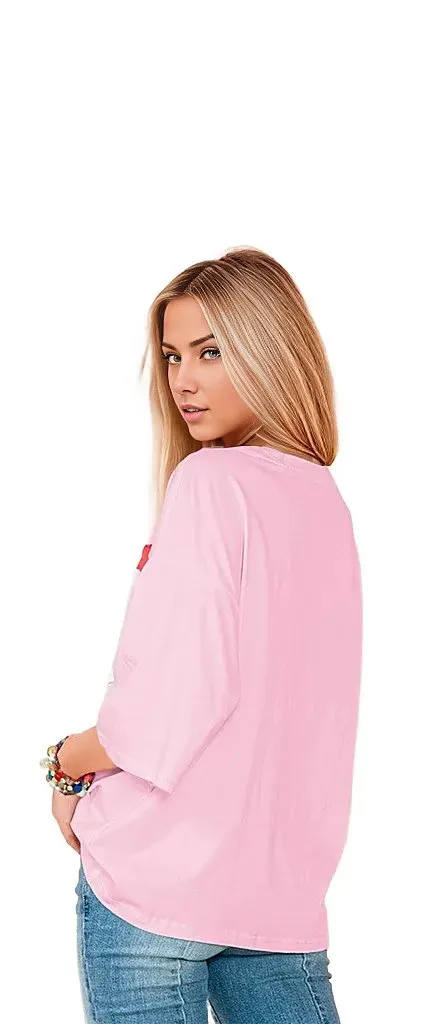 Colorblock Star Patched Half Sleeve Oversized Tee