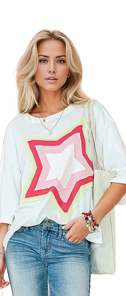 Colorblock Star Patched Half Sleeve Oversized Tee