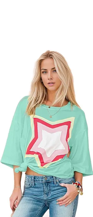 Colorblock Star Patched Half Sleeve Oversized Tee