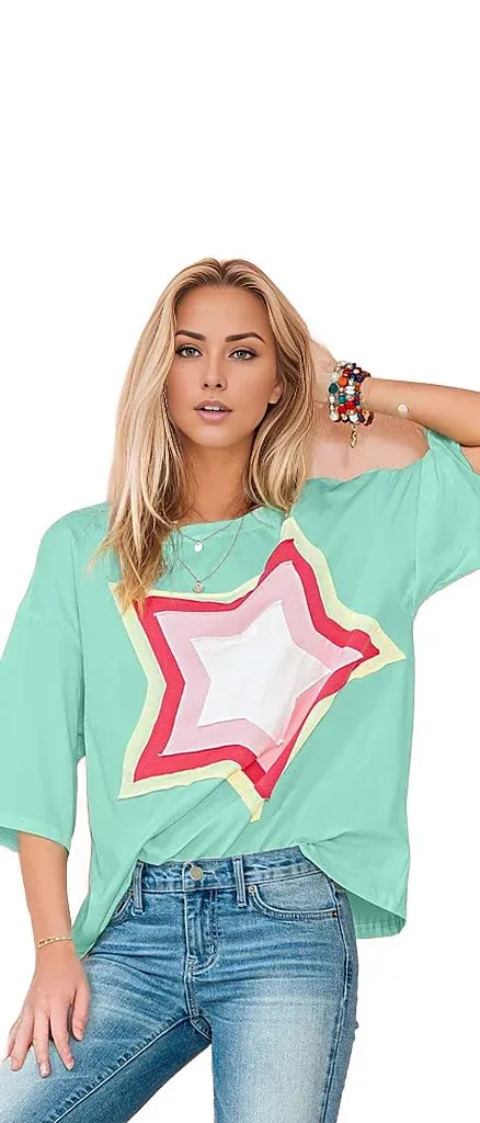 Colorblock Star Patched Half Sleeve Oversized Tee