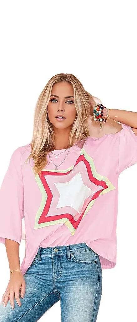 Colorblock Star Patched Half Sleeve Oversized Tee