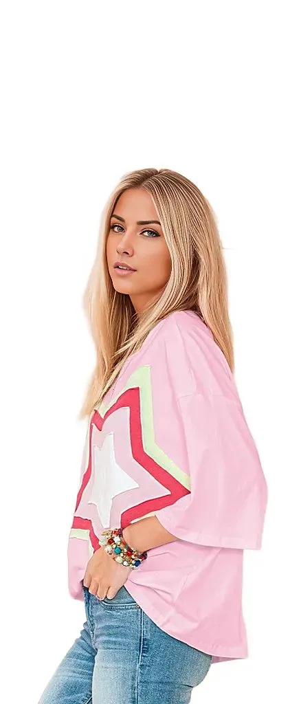 Colorblock Star Patched Half Sleeve Oversized Tee