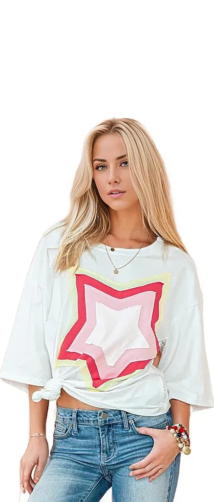 Colorblock Star Patched Half Sleeve Oversized Tee