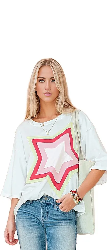 Colorblock Star Patched Half Sleeve Oversized Tee