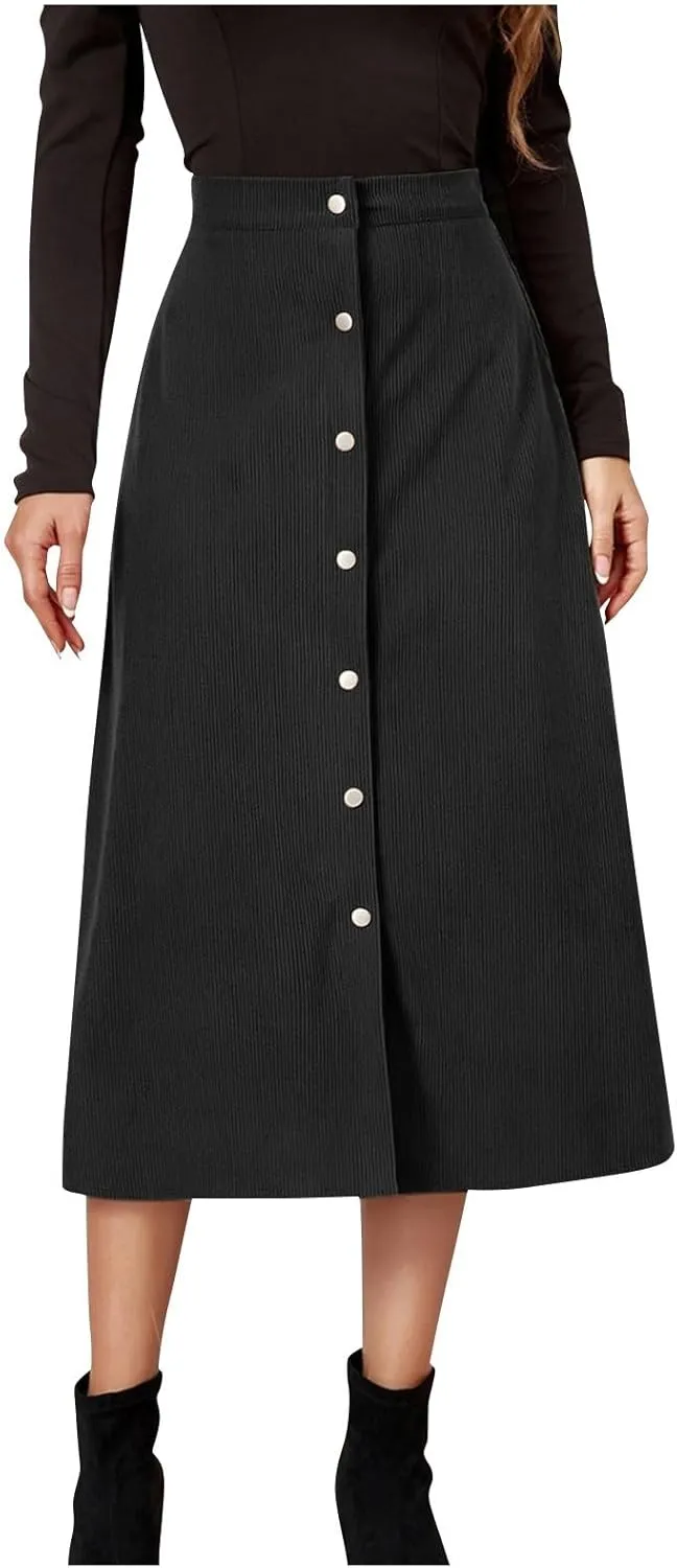 COTECRAM Corduroy Skirt Women Trendy Fall Winter High Waist Button Down A-Line Midi Skirts Dressy Casual Work Office Dresses