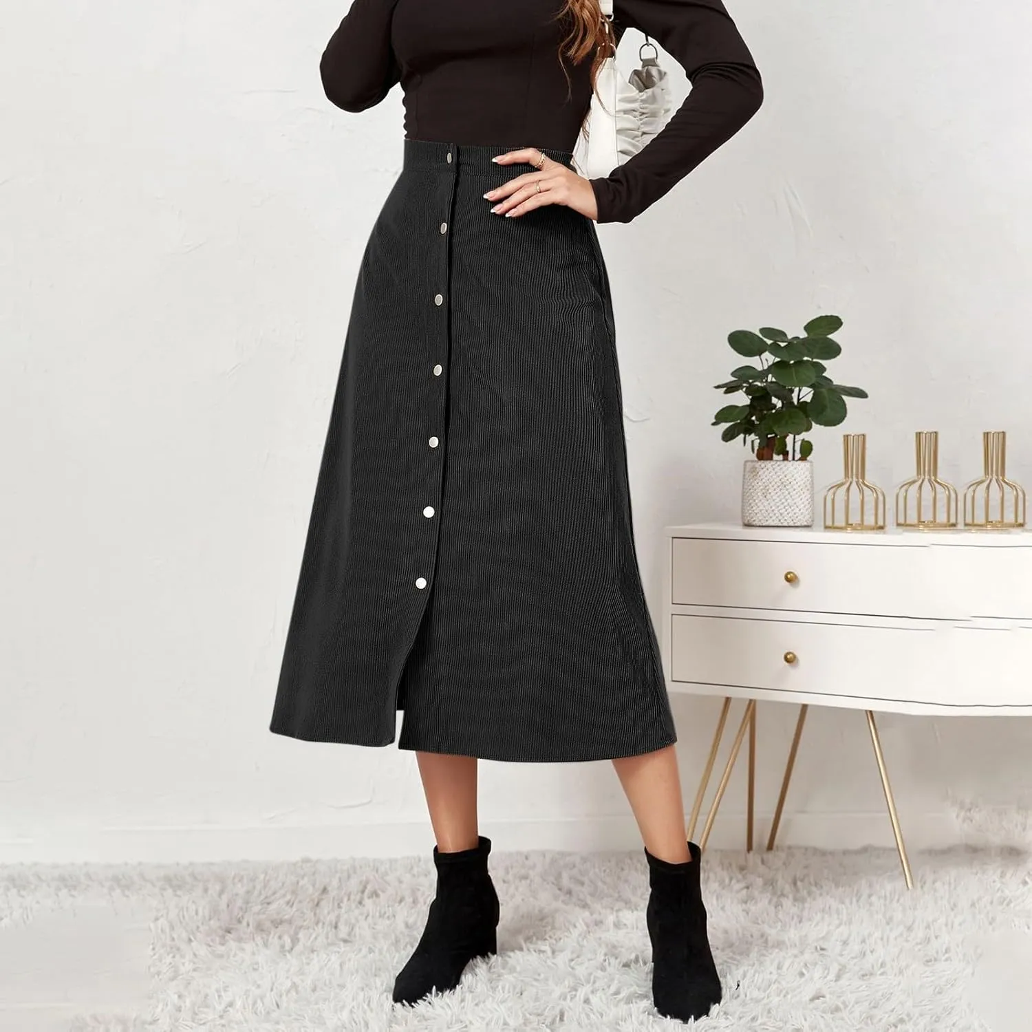 COTECRAM Corduroy Skirt Women Trendy Fall Winter High Waist Button Down A-Line Midi Skirts Dressy Casual Work Office Dresses